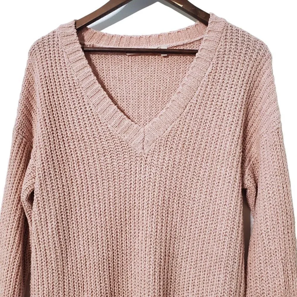 Soft Surroundings Relaxed V-Neck Sweater Size S Light Pink Chunky Knit Womens